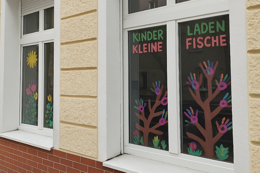 Fenster einer Kita. Darauf steht Kinderladen Kleine Fische